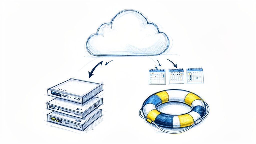 Debesies paslaugos, serveryje saugomi duomenys, atsarginės kopijos ir gelbėjimosi ratas simbolizuoja duomenų apsaugą ir atkūrimą.