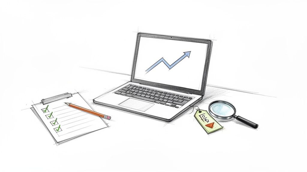 Piešinys: nešiojamasis kompiuteris su augančia rodykle, užduočių sąrašas su varnelėmis, pieštukas, kainos etiketė ir didinamasis stiklas.