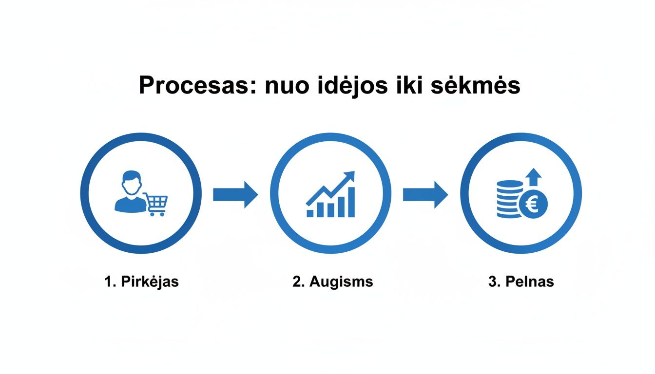 Diagrama: procesas nuo pirkėjo pritraukimo iki augimo ir pelno kūrimo.