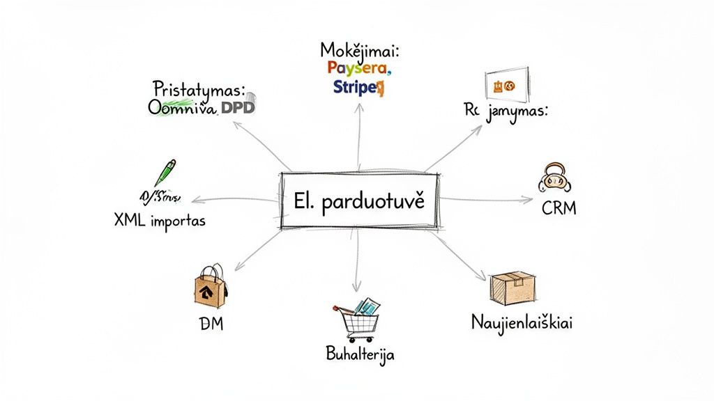 Diagrama, rodanti el. parduotuvės integracijas su pristatymo, mokėjimo, CRM ir kitomis sistemomis.