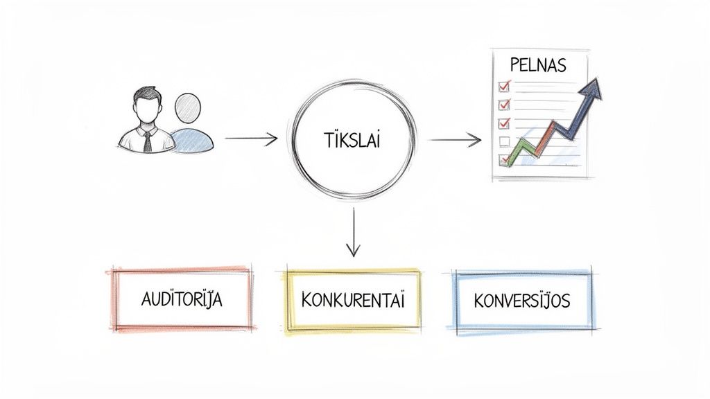Diagrama rodo žmonių (klientų/komandos) sąsają su tikslais, vedančiais į pelną, įvertinant auditoriją, konkurentus ir konversijas.