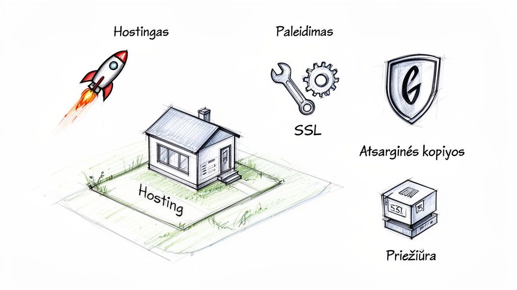 Paveikslėlyje pavaizduotos svetainės kūrimo paslaugos: talpinimas, paleidimas, SSL sertifikatas, atsarginės kopijos ir priežiūra.