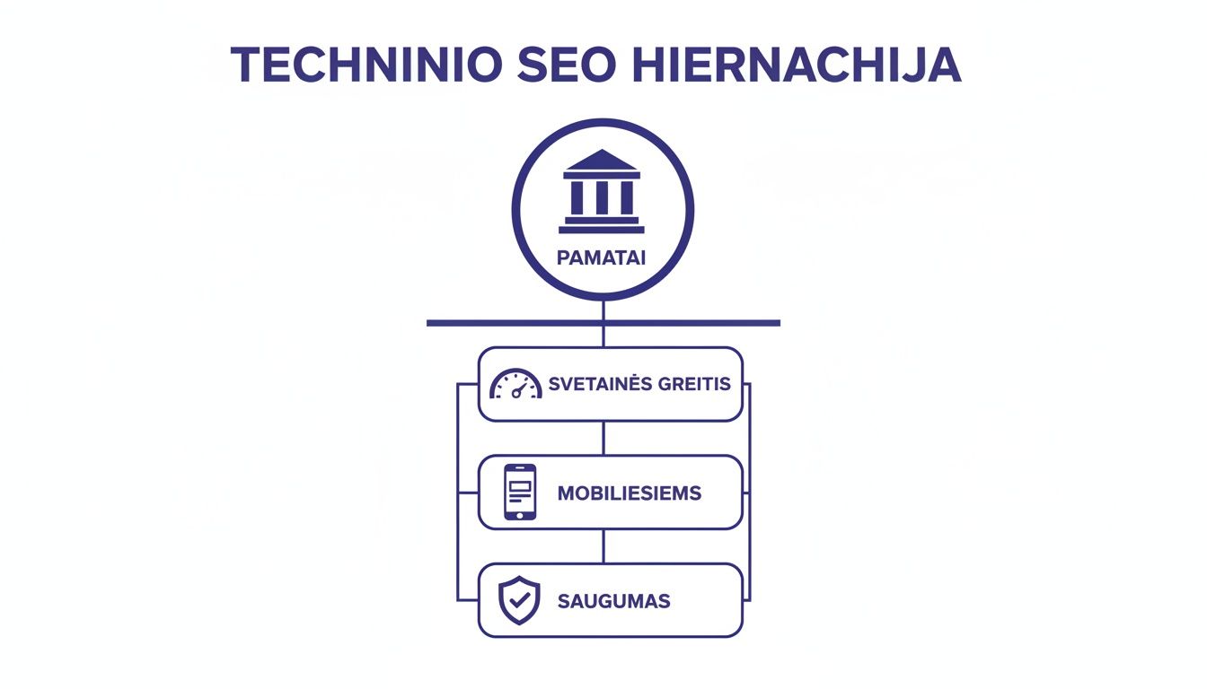 Schema, iliustruojanti techninio SEO hierarchiją, pradedant pamatais, apimančiais svetainės greitį, mobilumą ir saugumą.