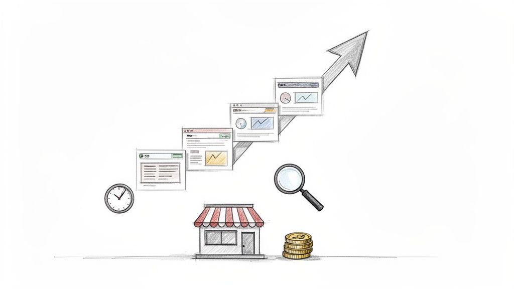 Piešinys, vaizduojantis verslo augimą su parduotuvės, monetų, laikrodžio, didinamojo stiklo ir augančių interneto duomenų langų bei rodyklės elementais.