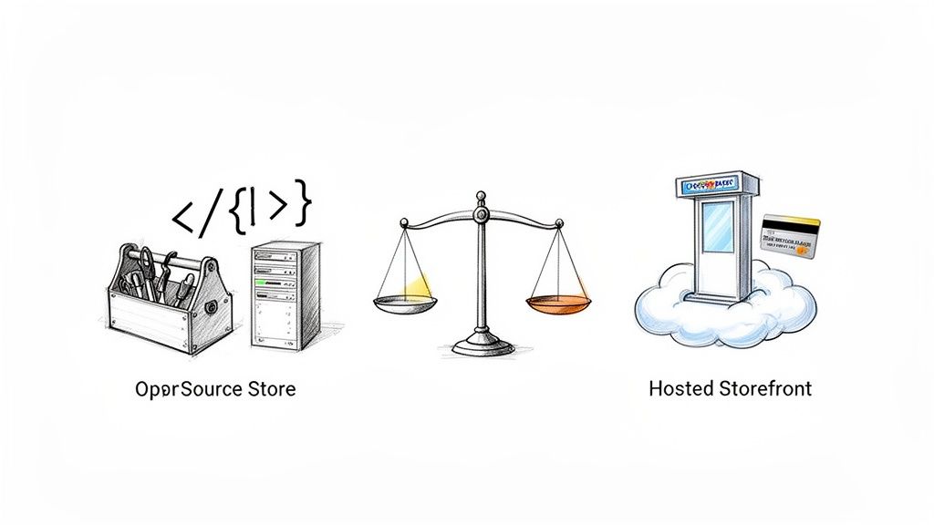 Geriausia pasirinkti: woocommerce ar shopify – kurį pasirinkti dabar? 3 Vizualinis palyginimas tarp atvirojo kodo (įrankiai, serveris) ir prieglobos el. parduotuvės (debesis, kioskėlis) su svarstyklėmis.