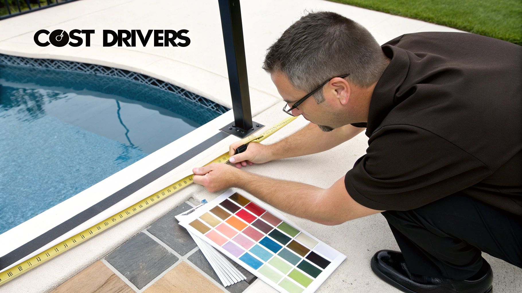 A man measures the edge of a swimming pool with a tape measure, examining color swatches for a project.