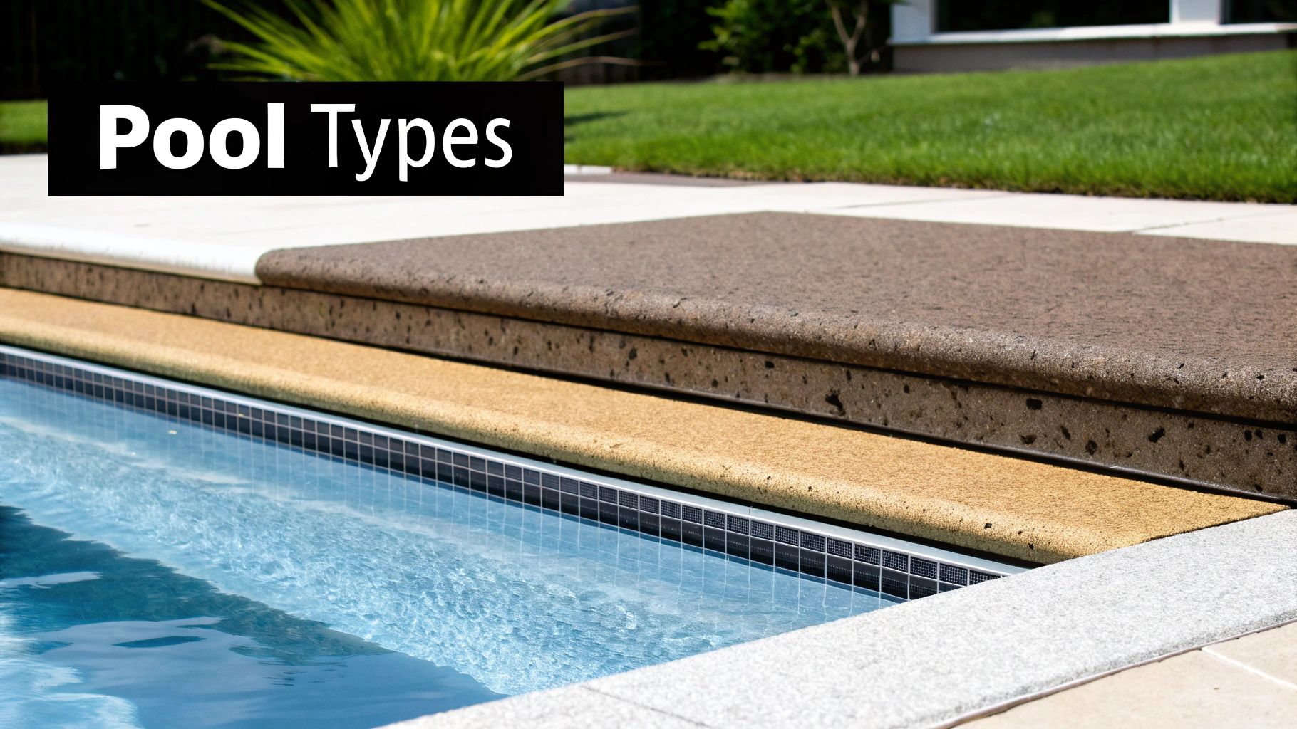 Close-up of a modern swimming pool edge with textured coping, blue water, and 'Pool Types' text overlay.