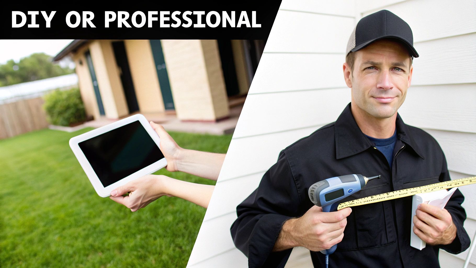 Image comparing DIY with a professional, showing a person with a tablet and a handyman with tools.