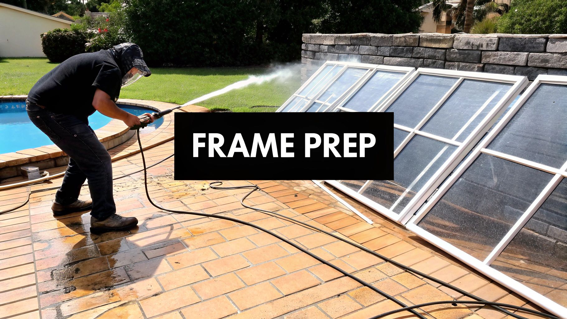 A person power washes dirty white frames next to a swimming pool on a tiled patio, preparing them.