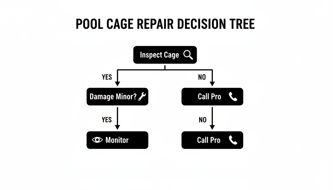 A decision tree flowchart for pool cage repair, guiding users to inspect, monitor, or call a professional.