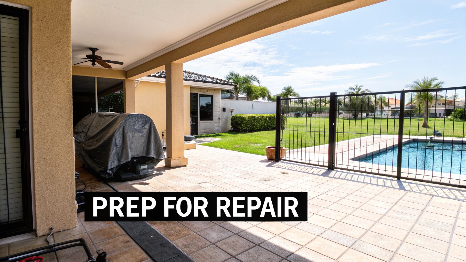A spacious outdoor patio with tiled floor and a covered area, leading to a fenced pool and green yard.