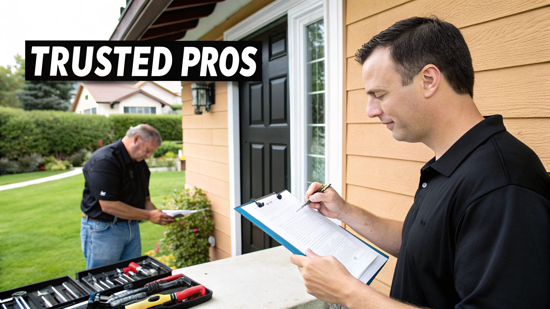 Two trusted professionals at a home, one writing on a clipboard, with tools nearby.