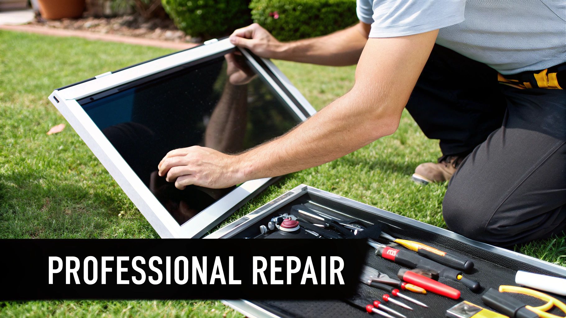 A technician kneeling on grass, repairing a screen or window panel with tools from a toolbox.