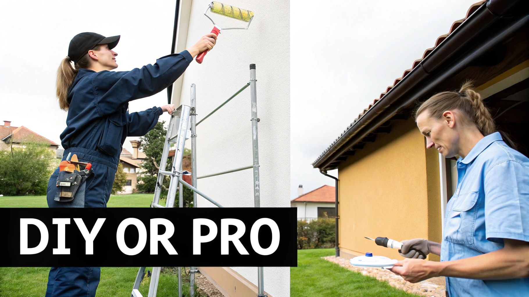Two women performing home improvement tasks: one painting a wall, the other using a power tool, with 'DIY OR PRO' text.