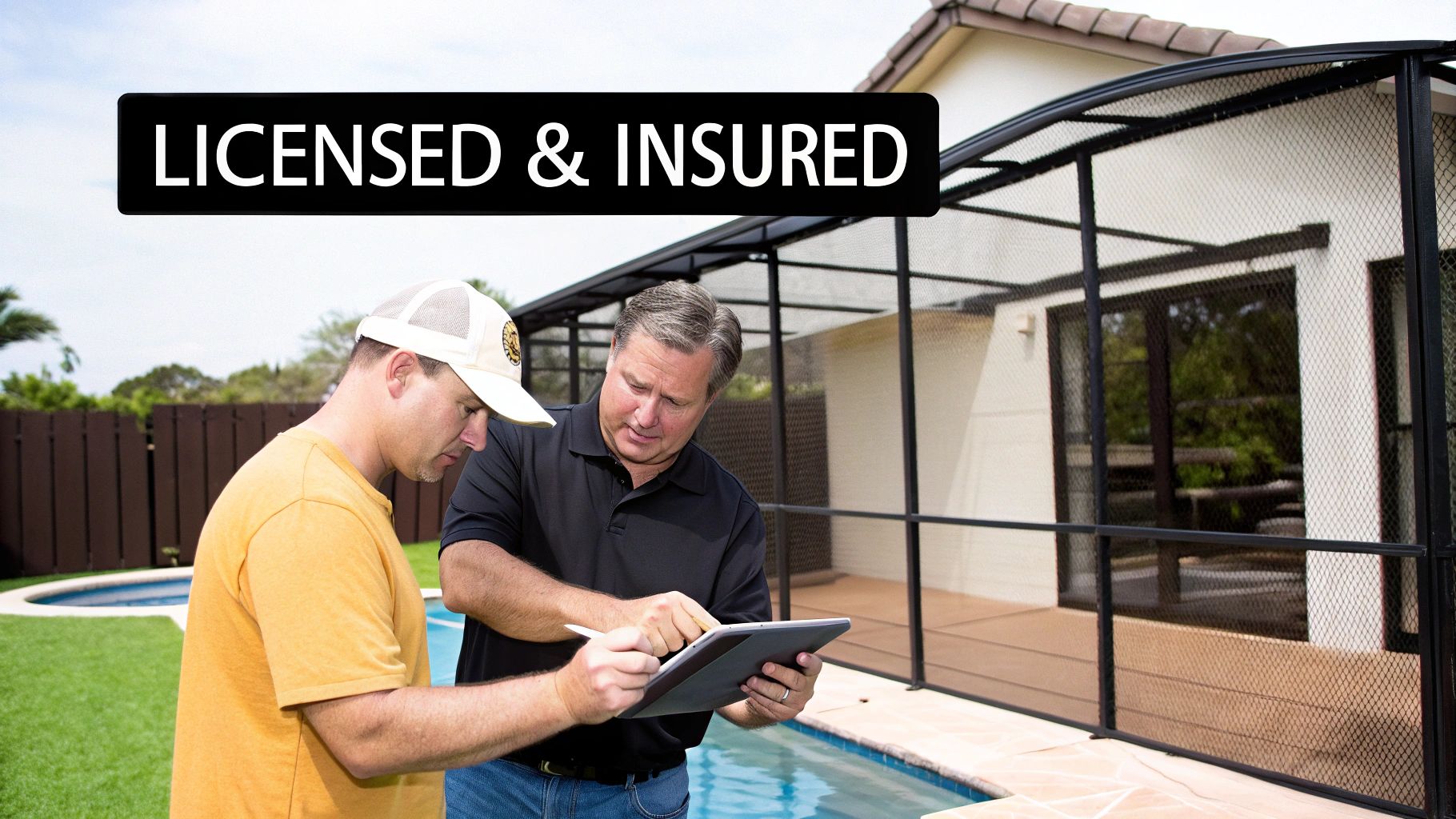 Two men discuss a project on a tablet next to a swimming pool and screen enclosure, with a "LICENSED & INSURED" banner.