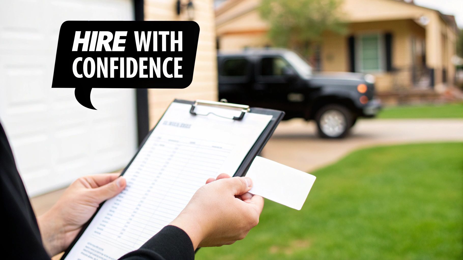 Hands holding a clipboard and white card, with a 'HIRE WITH CONFIDENCE' speech bubble. Blurred house and SUV in background.
