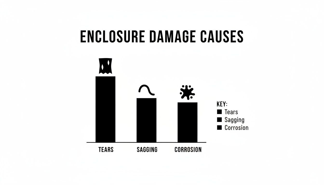 Bar chart illustrating common enclosure damage causes: tears, sagging, and corrosion, with corresponding icons.