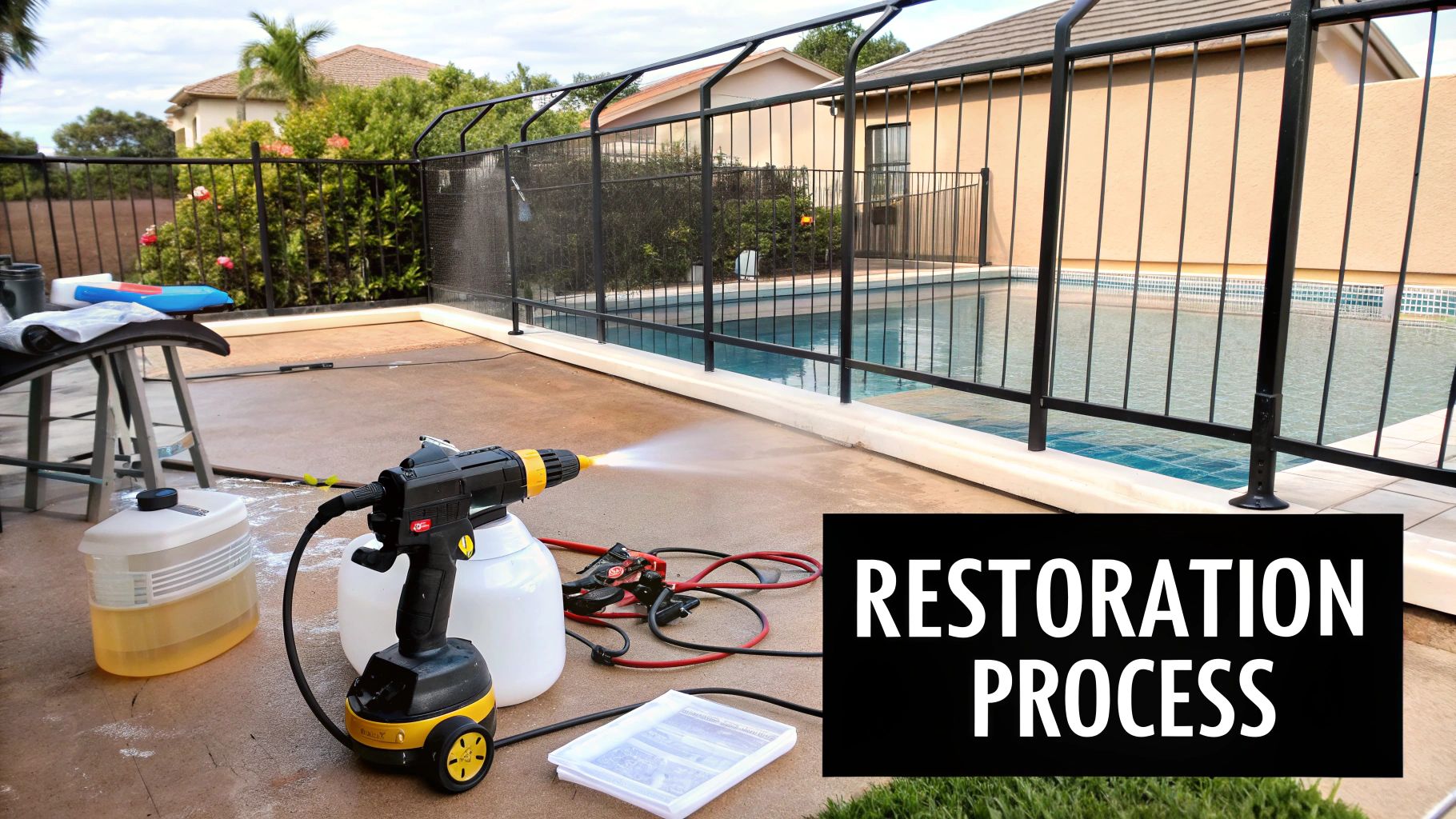 A power washer sprays water onto a concrete patio next to a swimming pool, showing a restoration process.