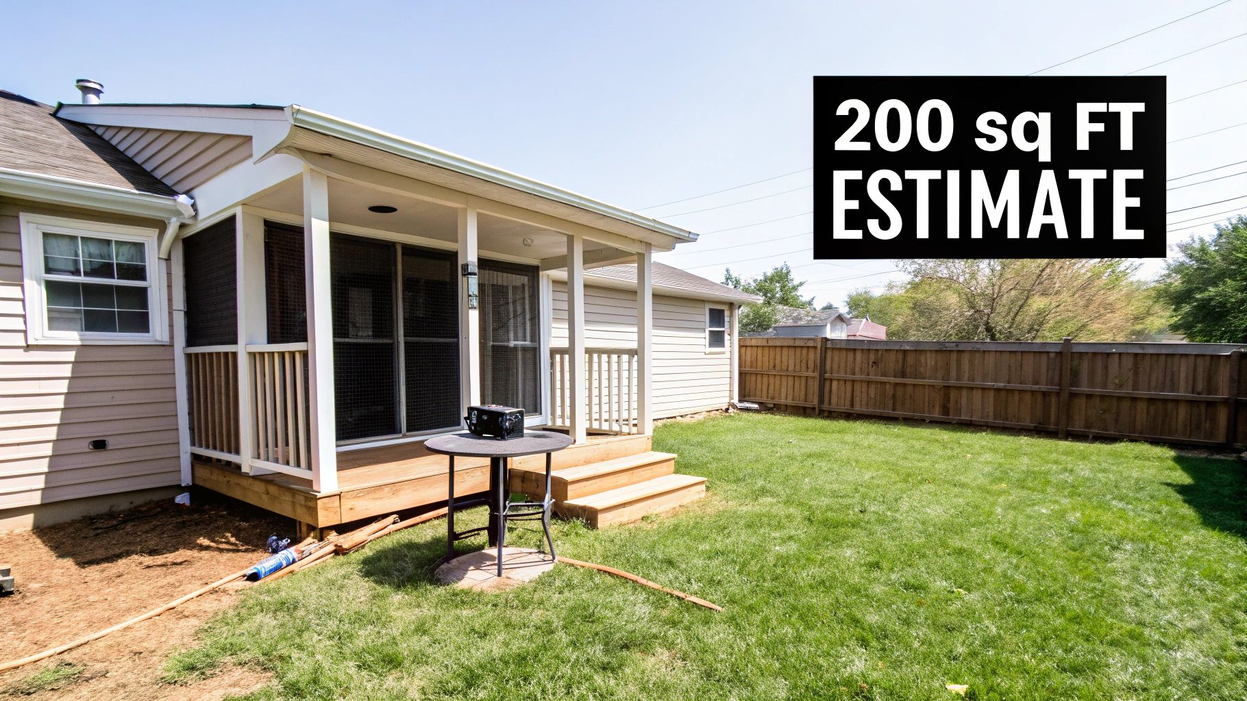 A new screened-in porch with steps leading to a green backyard, showing a 200 sq ft estimate.