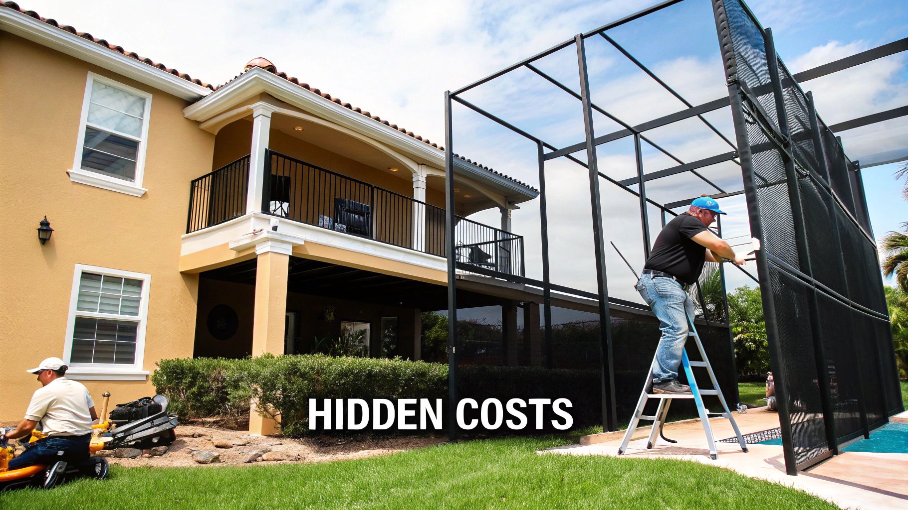 Two workers are installing a large screen enclosure next to a house and pool, illustrating hidden costs.