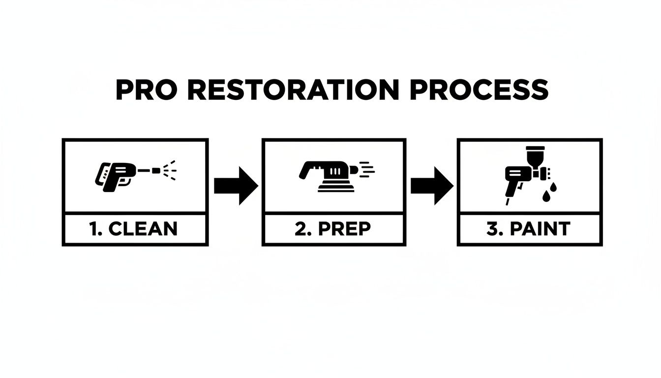Professional restoration process diagram with icons for cleaning, preparing, and painting surfaces.