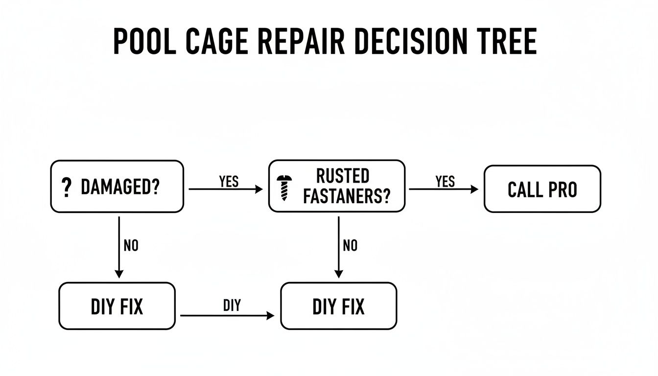A pool cage repair decision tree flowchart. It guides users from damage assessment to DIY fix or calling a professional.