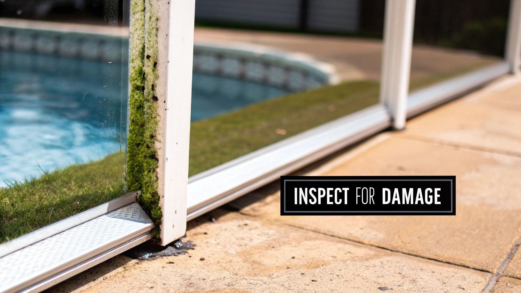A dirty pool enclosure glass panel with heavy moss growth, showing neglect and needing inspection for damage.