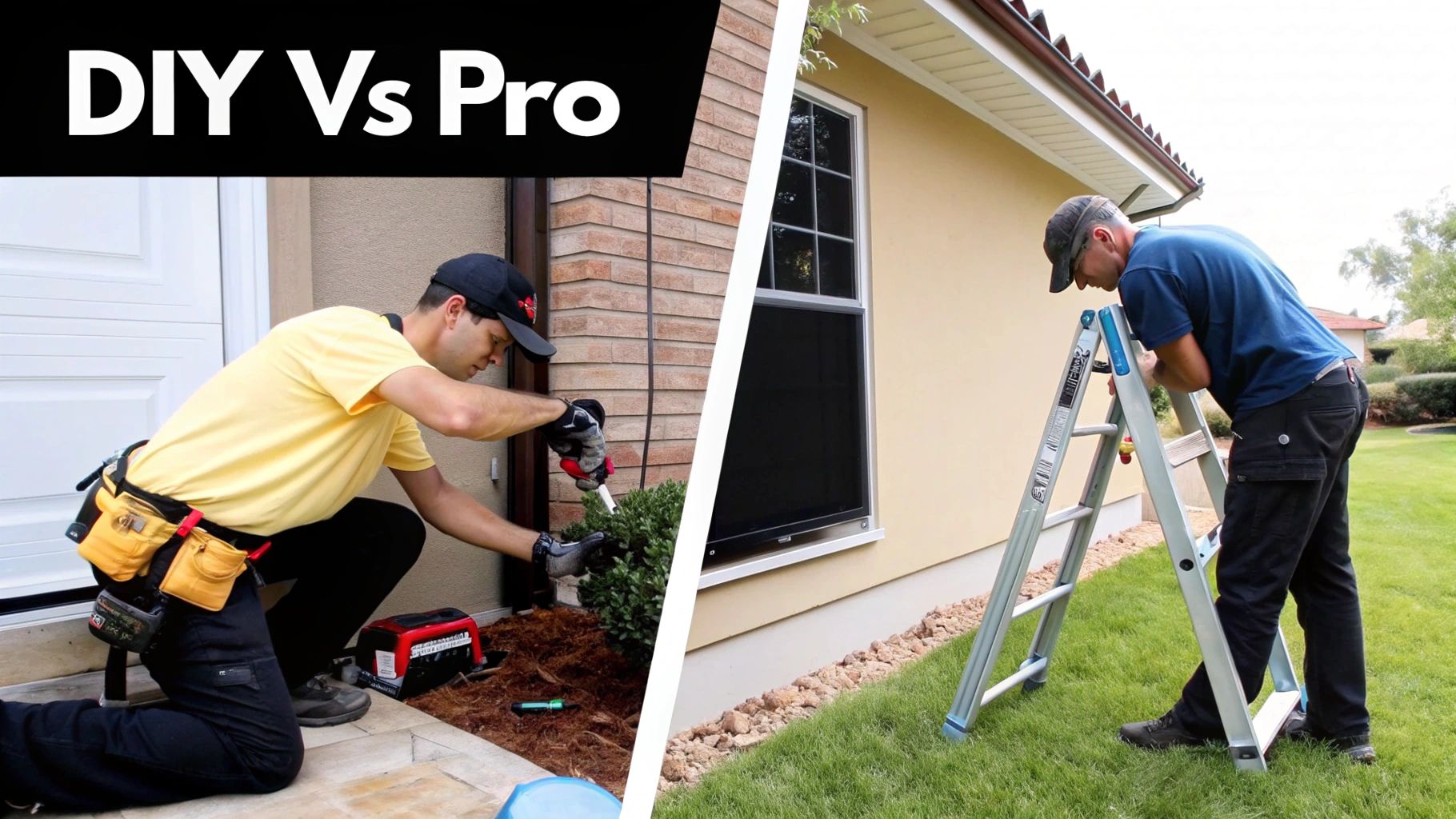 Two men, one DIY and one professional, working on home exterior tasks.