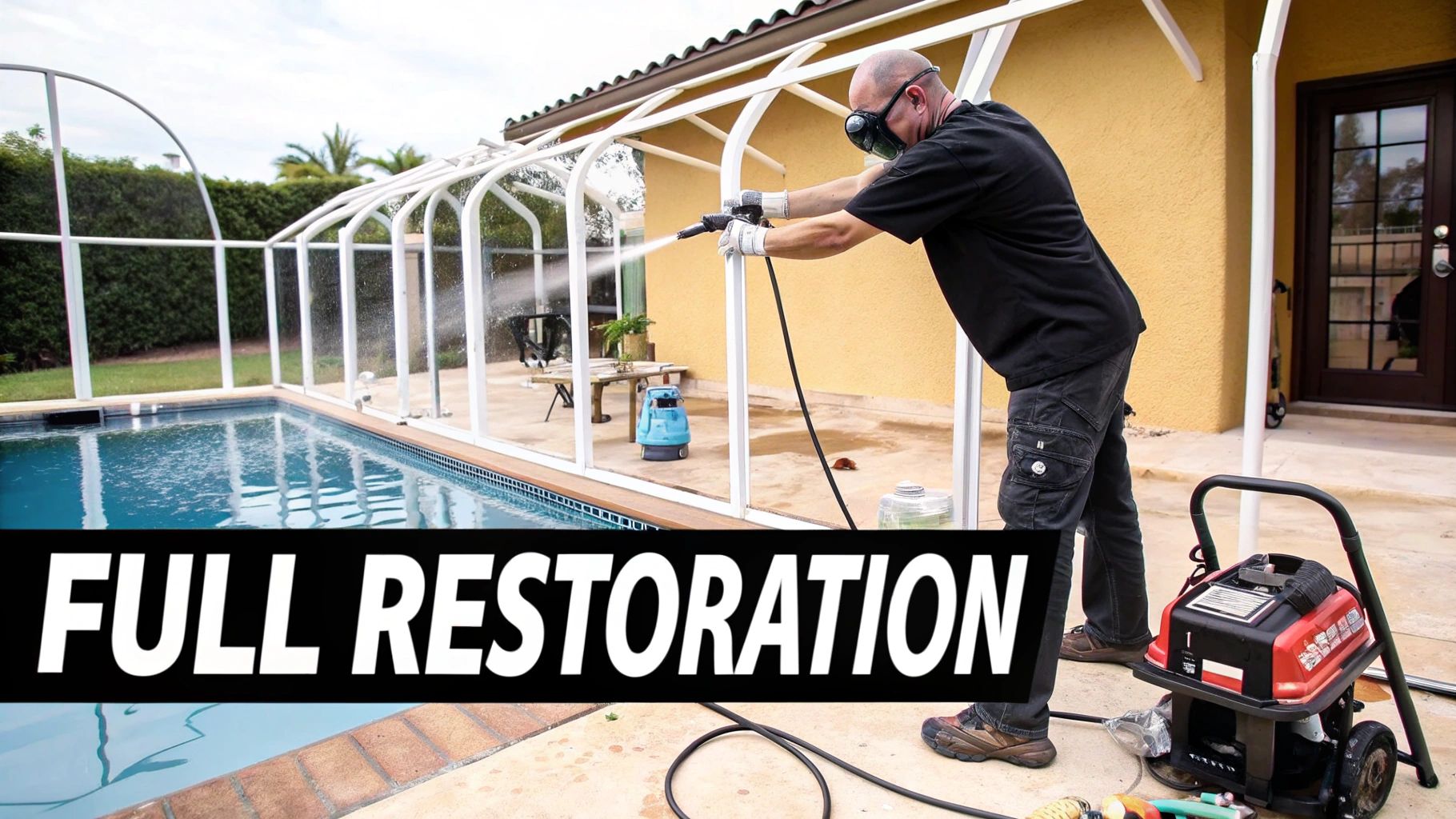 Man in respirator and gloves pressure washing a white pool screen enclosure during a full restoration.