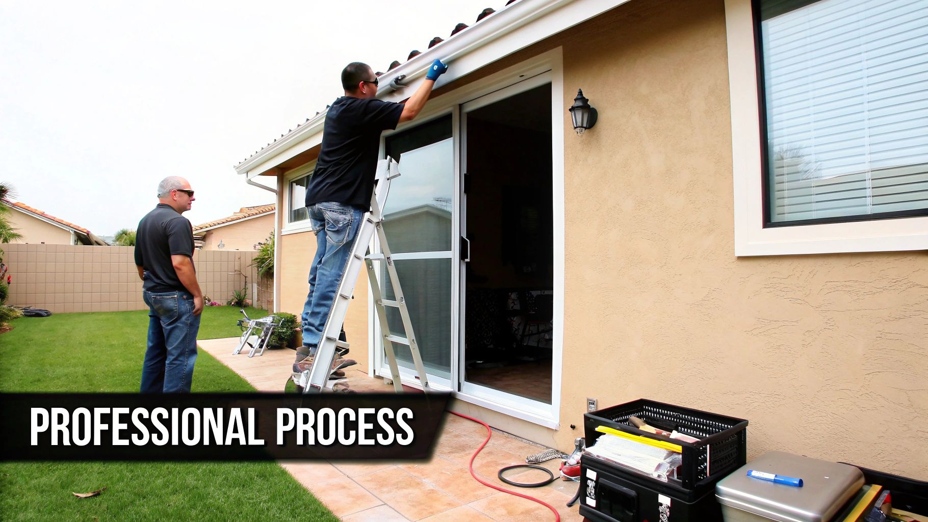 Two men professionally working on house gutters, one on a ladder and another supervising the outdoor task.
