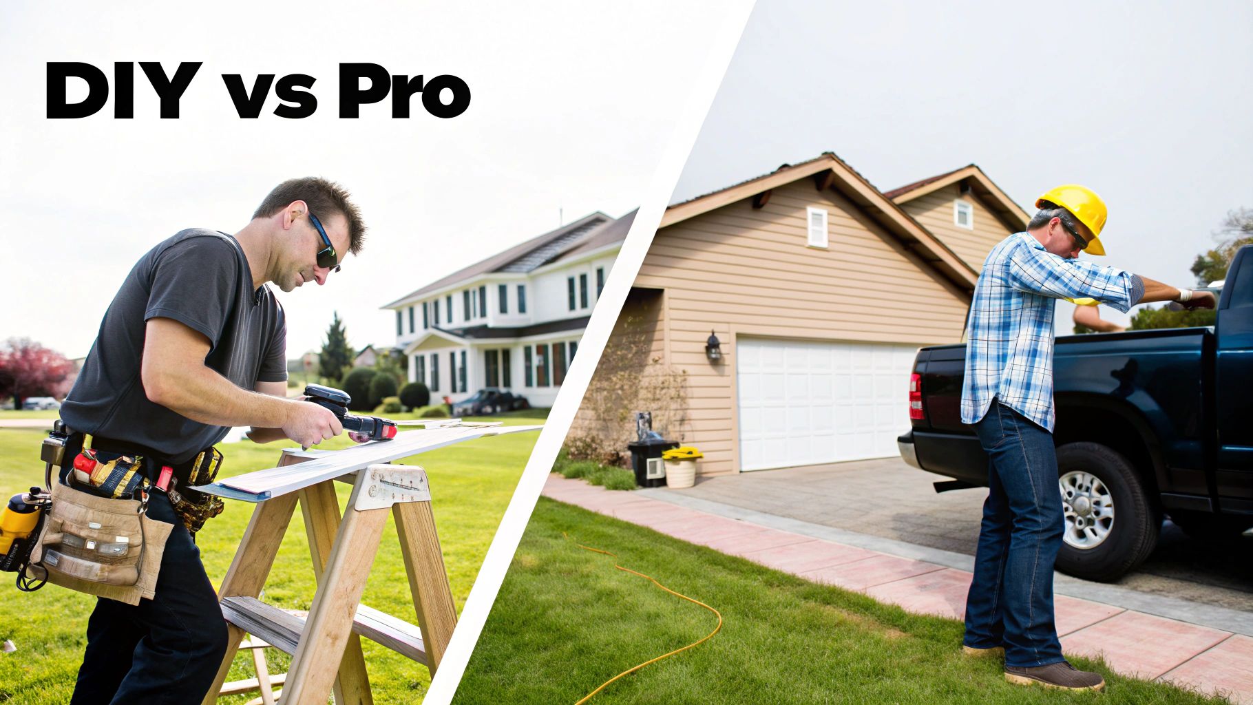 Split image comparing a DIYer working on wood and a professional builder next to a truck.