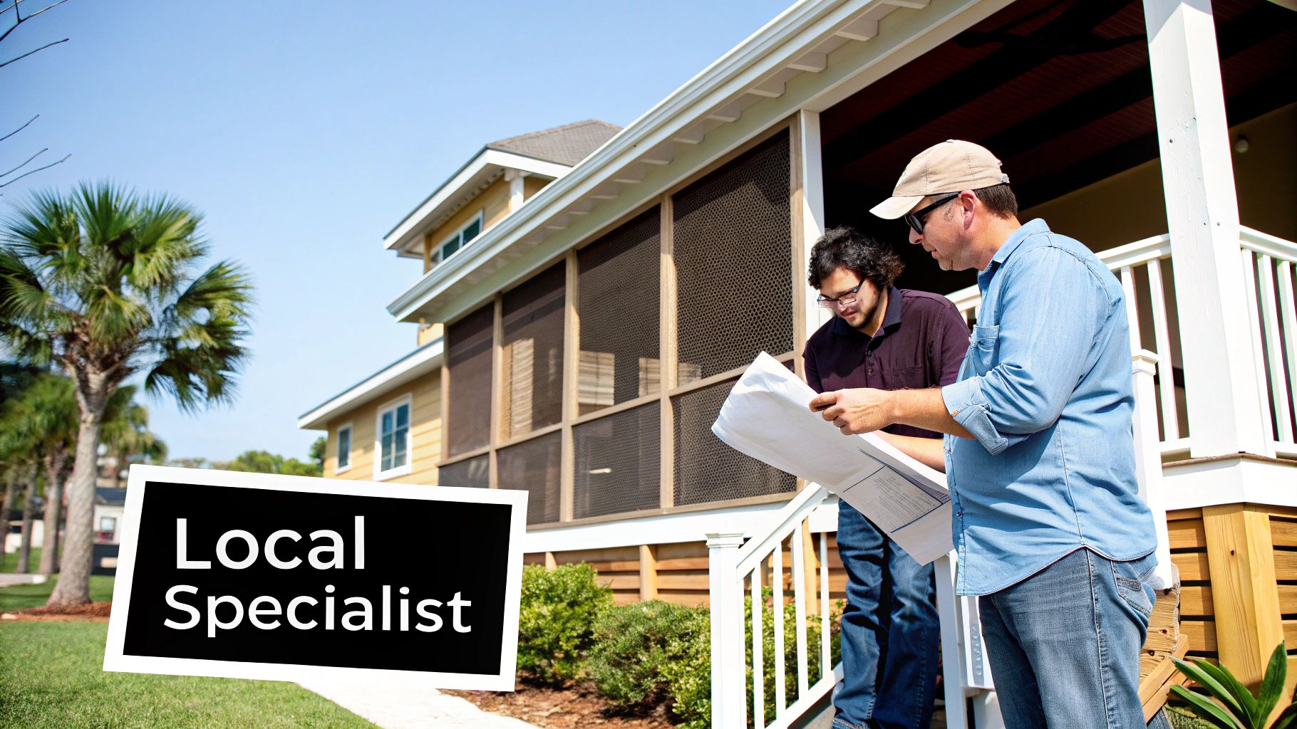 Two men, one wearing a hat, review blueprints on a porch next to a house with a 'Local Specialist' sign.