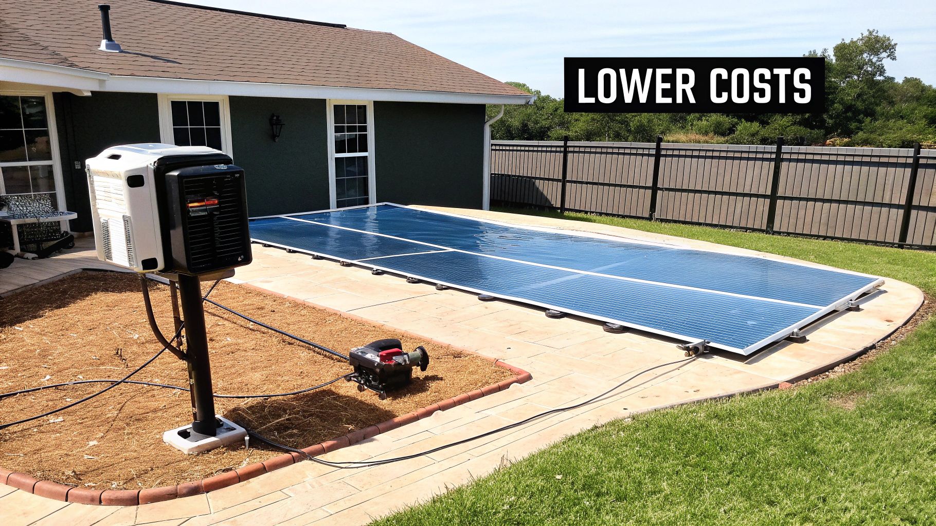 A residential backyard setup with a pool heating system including solar panels and a pump.