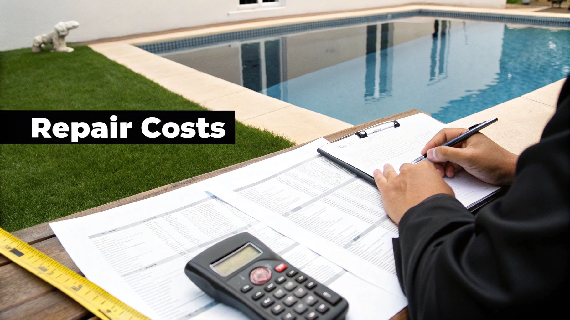 Person reviewing repair costs documents with a calculator beside a sunny swimming pool.