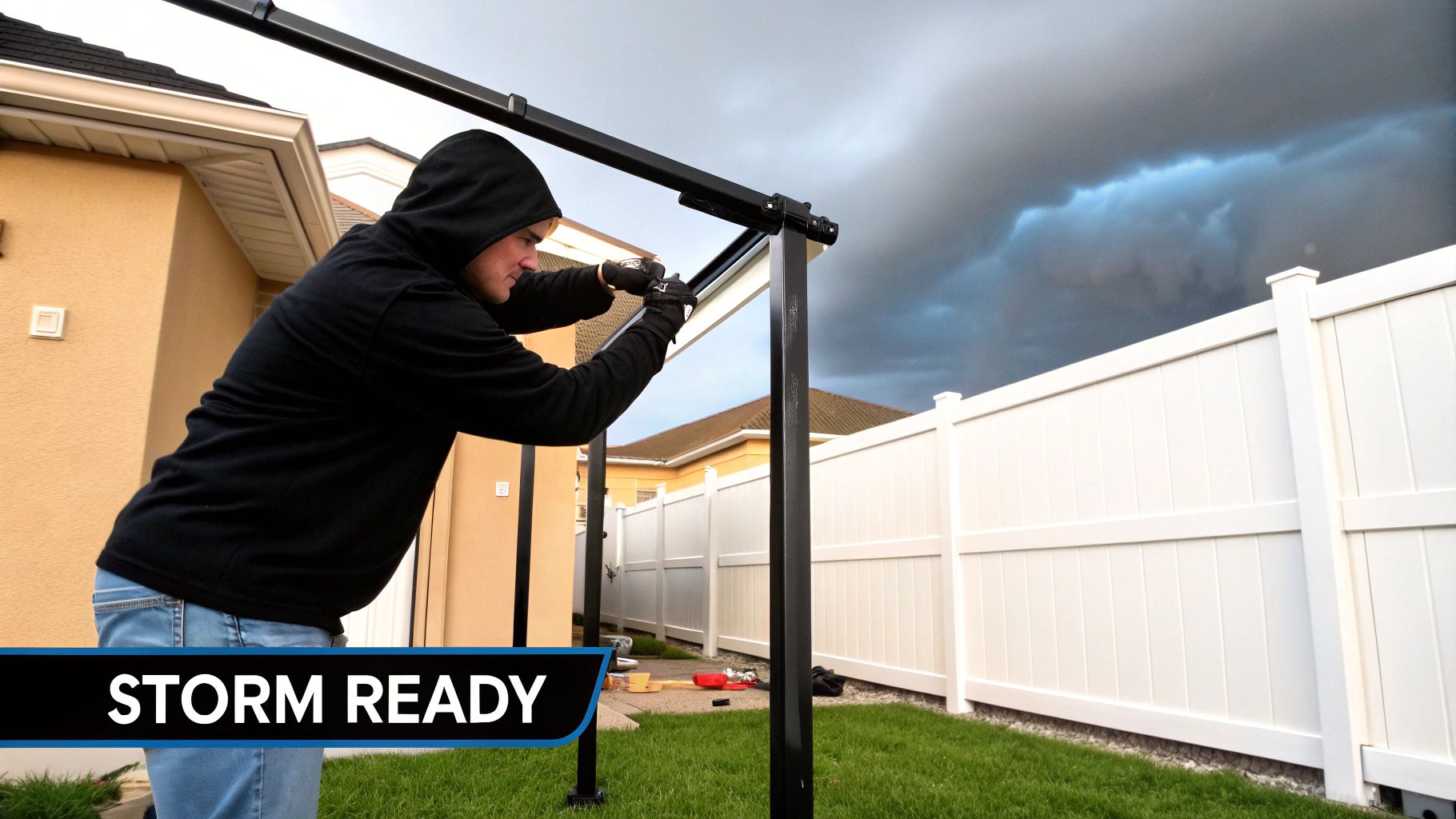 Man in a hoodie and gloves installing a black outdoor structure with dark storm clouds overhead.