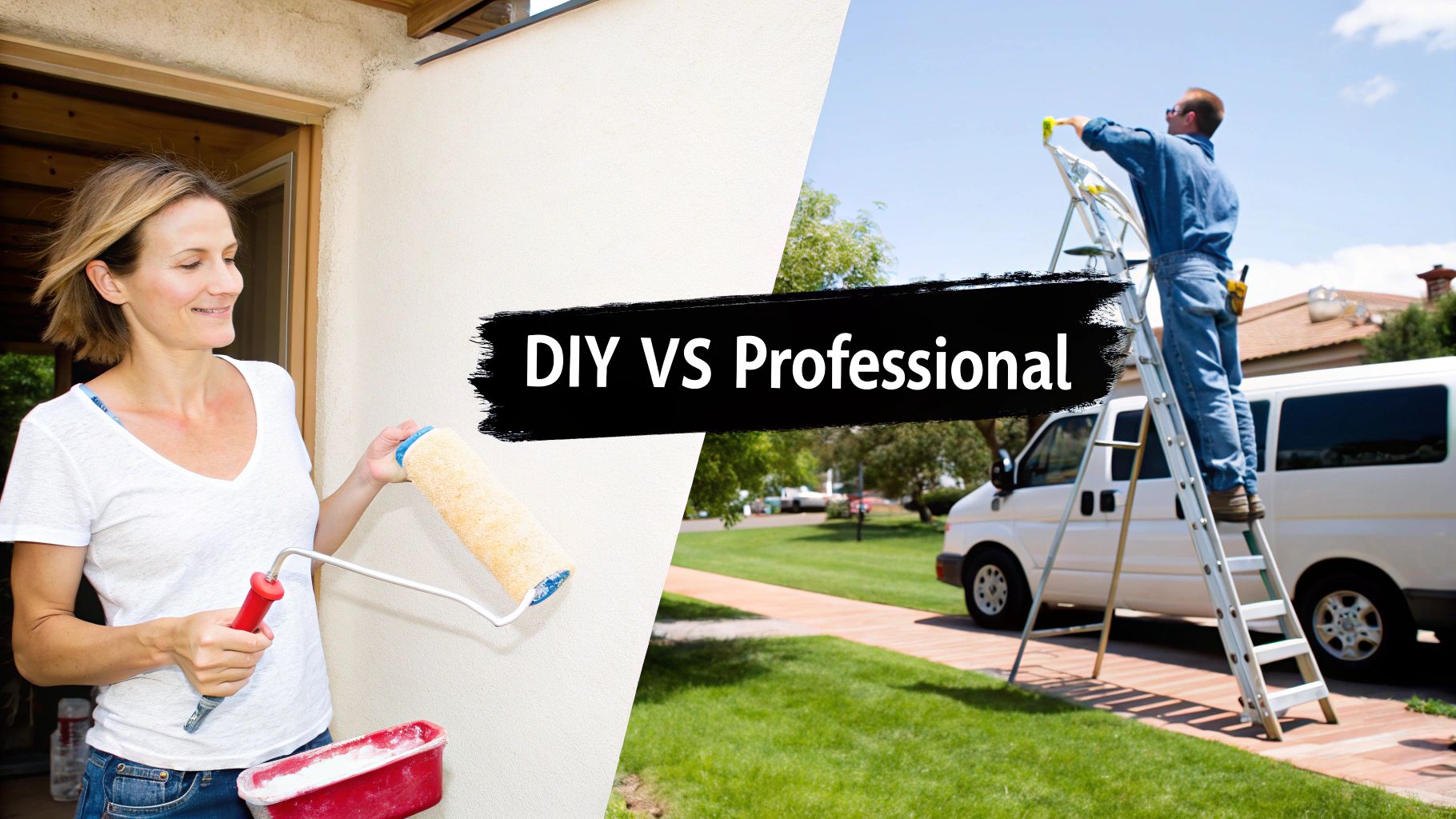 Split image showing a woman doing DIY painting and a professional painter on a ladder.