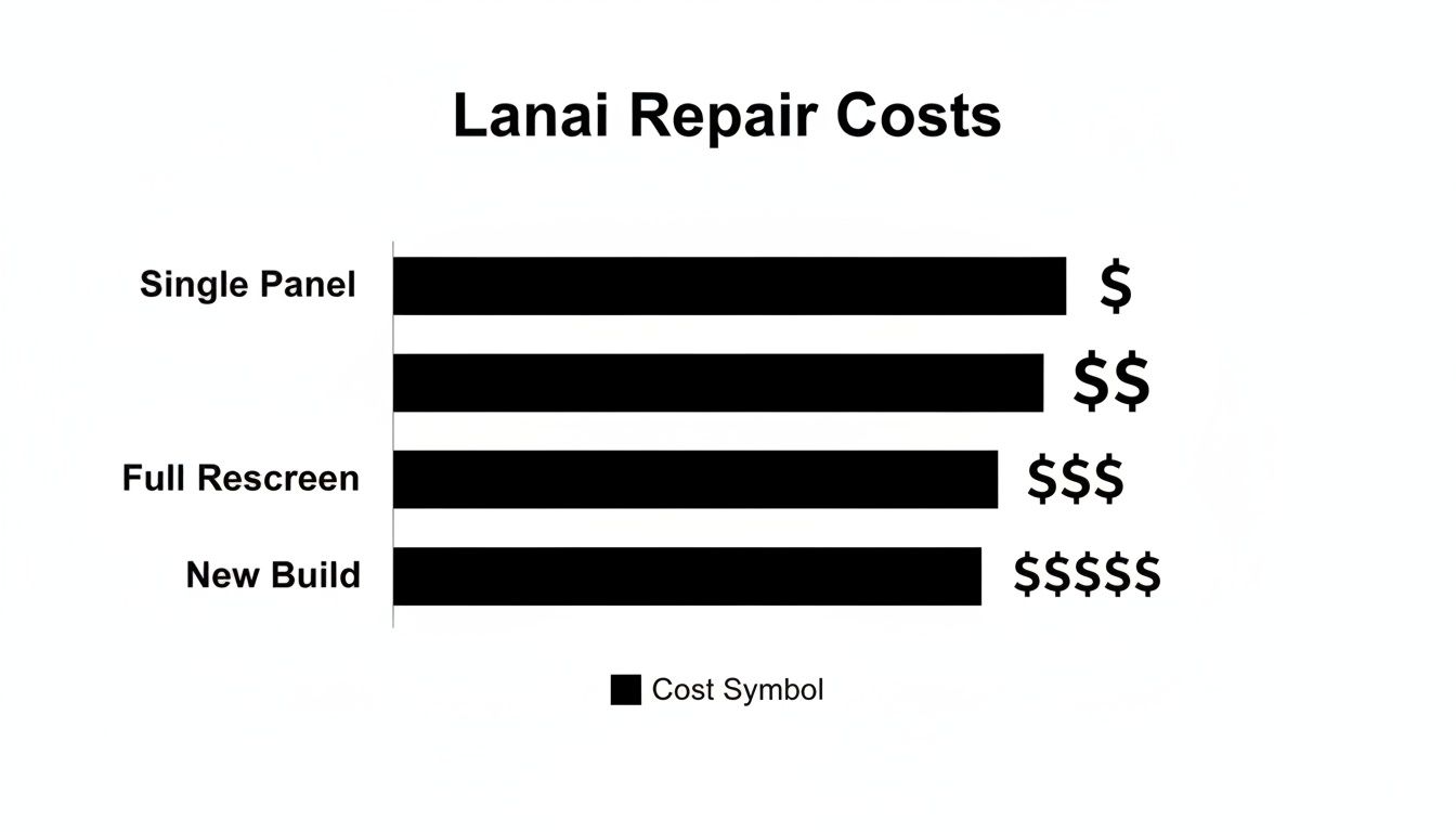 Bar chart illustrating Lanai repair costs, showing price levels for single panel, full rescreen, and new build.