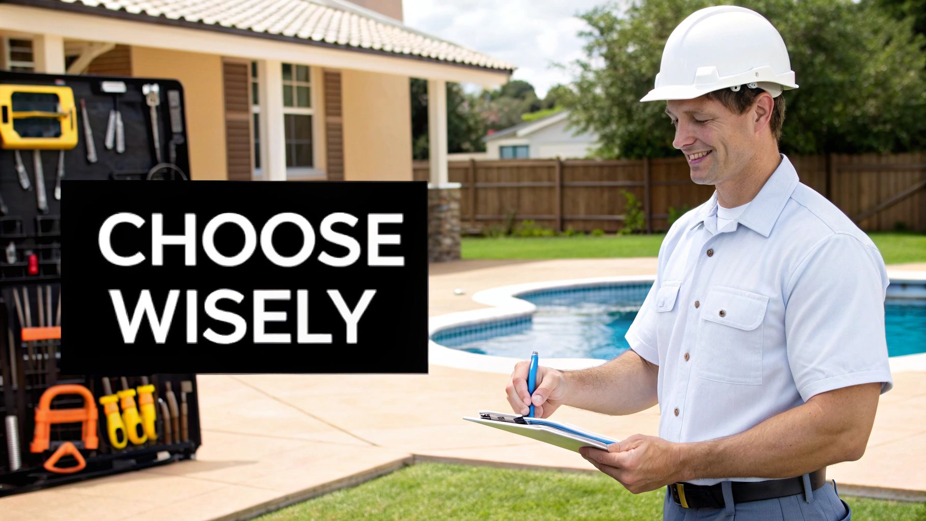 A smiling pool technician in a hard hat writes on a clipboard next to a toolbox and swimming pool. Text: CHOOSE WISELY.