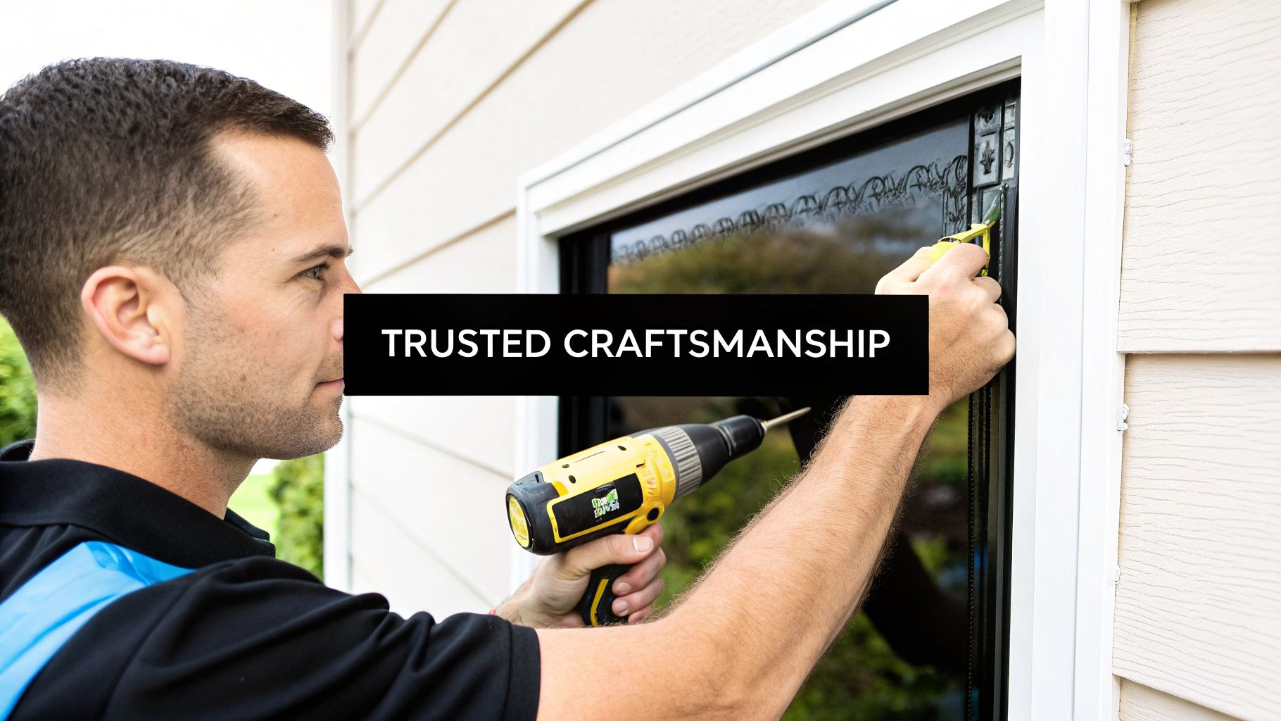 A skilled craftsman installing a window on a house, demonstrating trusted workmanship and quality service.