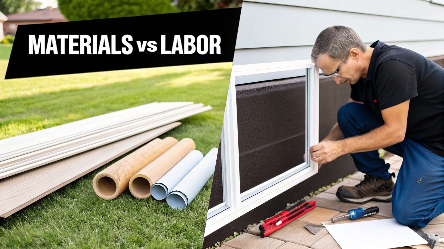 Image comparing building materials on grass with a man installing a window, illustrating project costs.