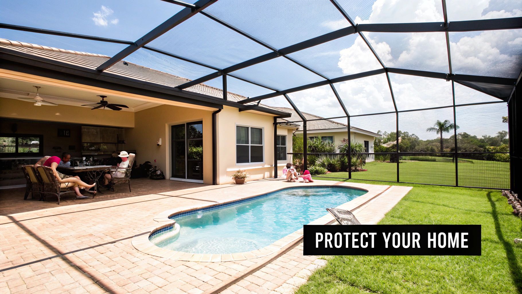 Family enjoying a sunny day by a pool under a large screen enclosure at a house.