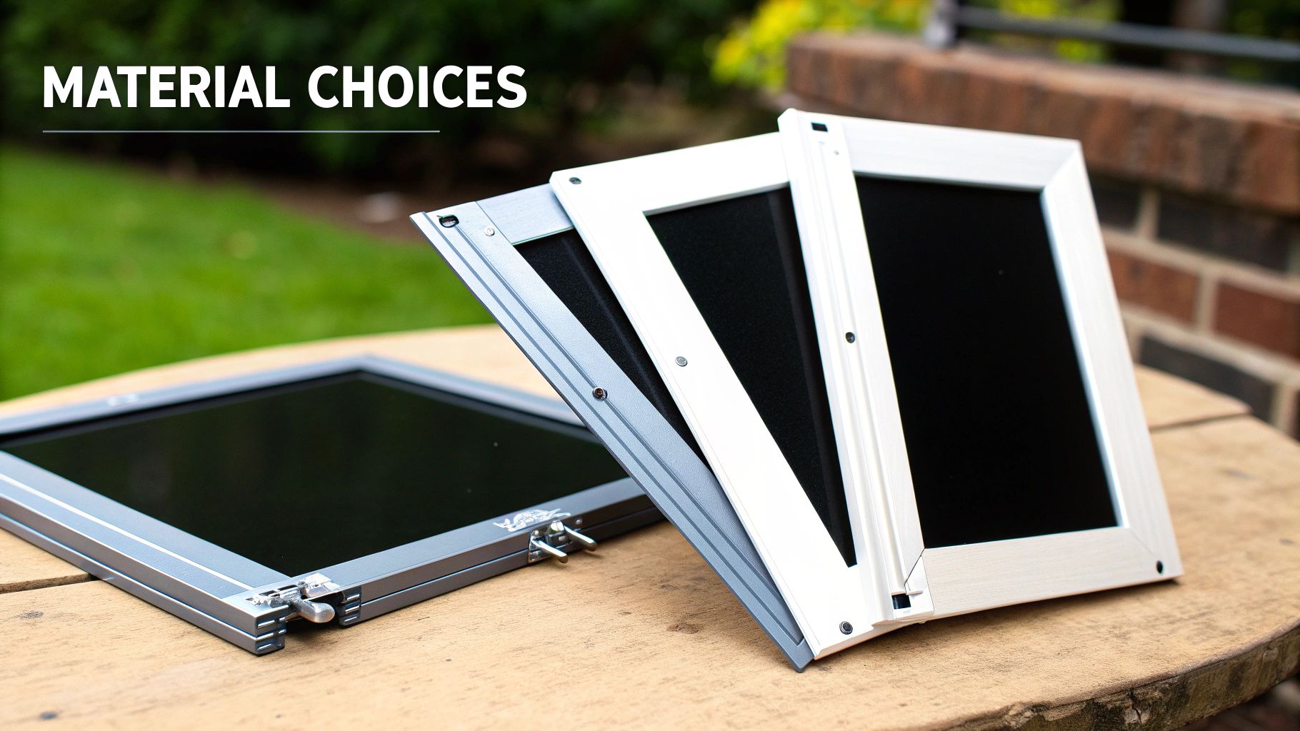 Multiple metal frames showcasing different material and color choices for screens or panels.