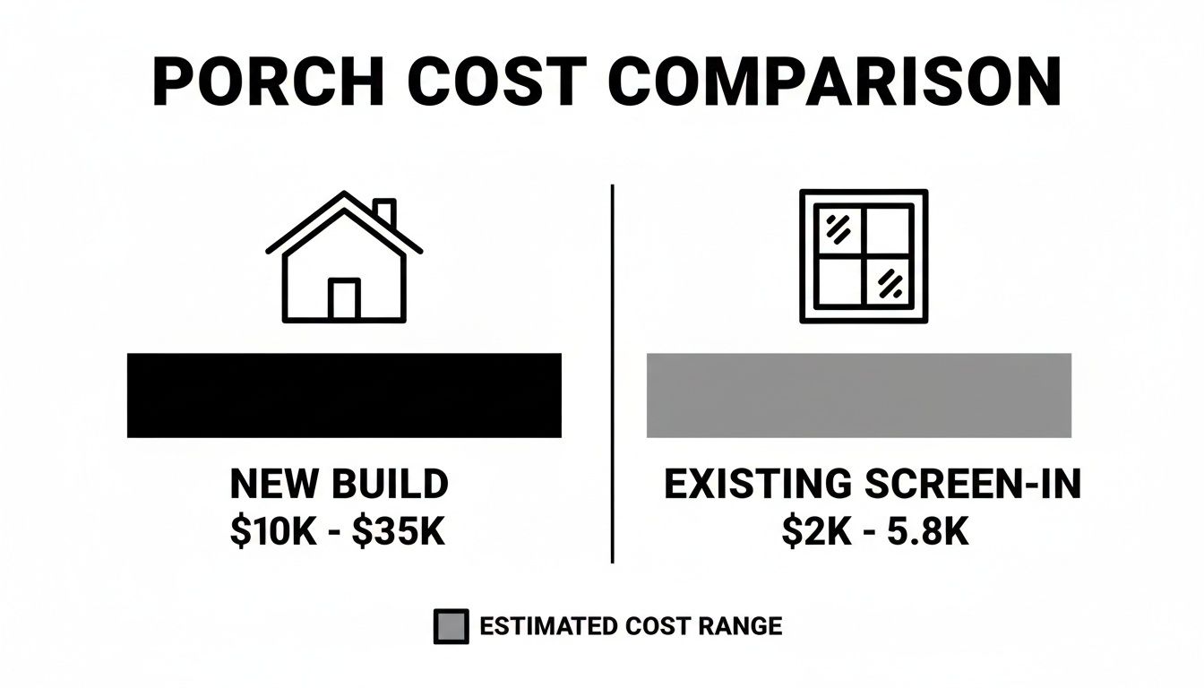 Chart comparing porch construction costs: new build ($10K-$35K) vs. existing screen-in ($2K-$5.8K).