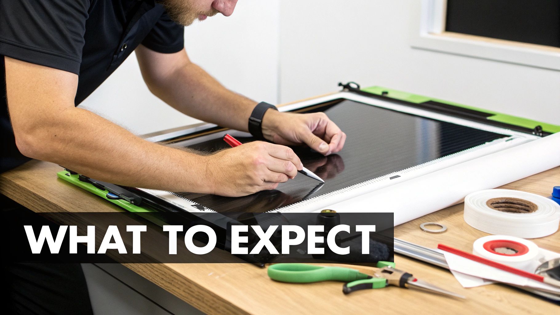 A person's hands meticulously repair a black pool cage screen with tools on a wooden table.