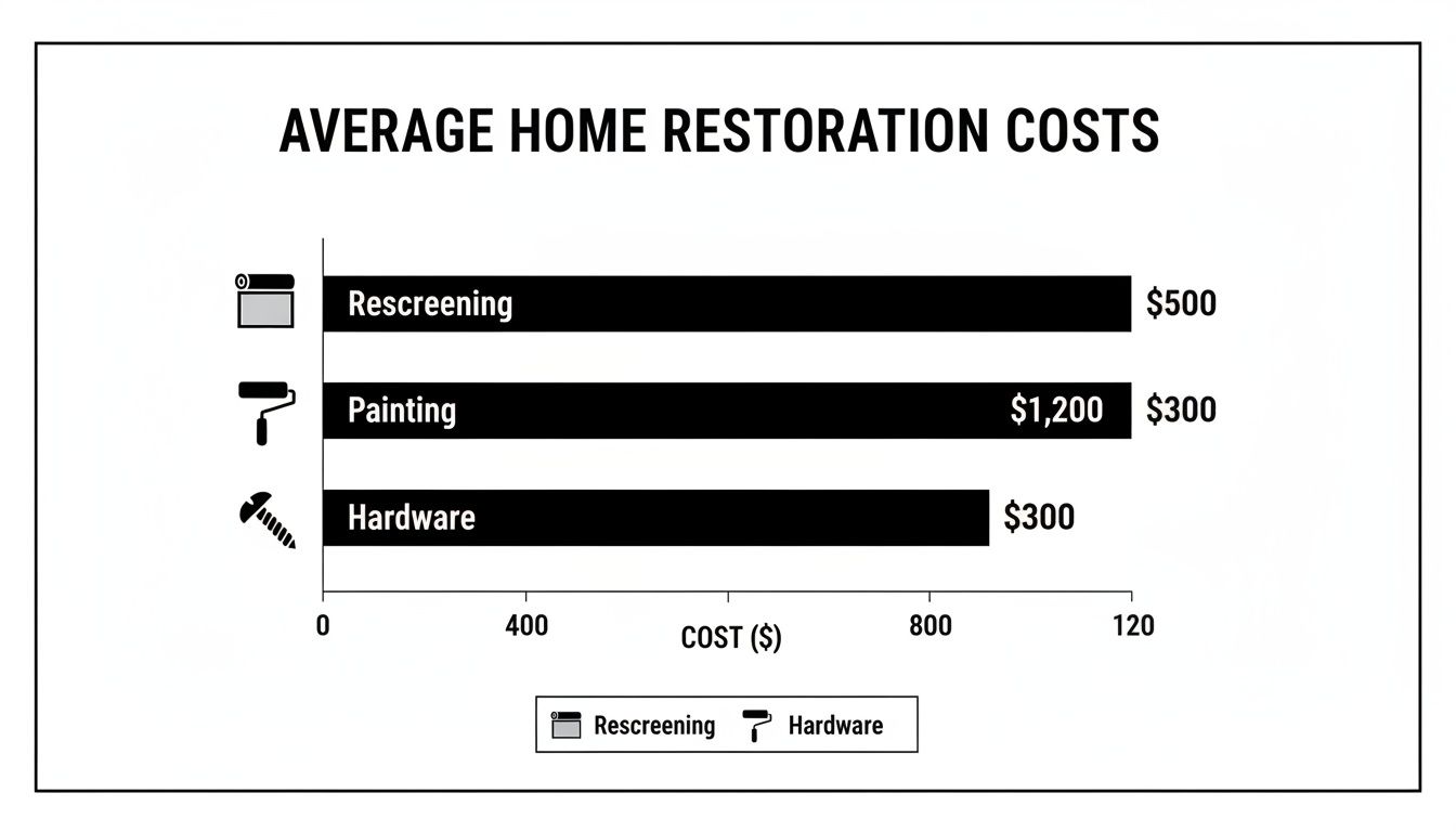 Bar chart showing average home restoration costs: Rescreening $500, Painting $1200, Hardware $300.