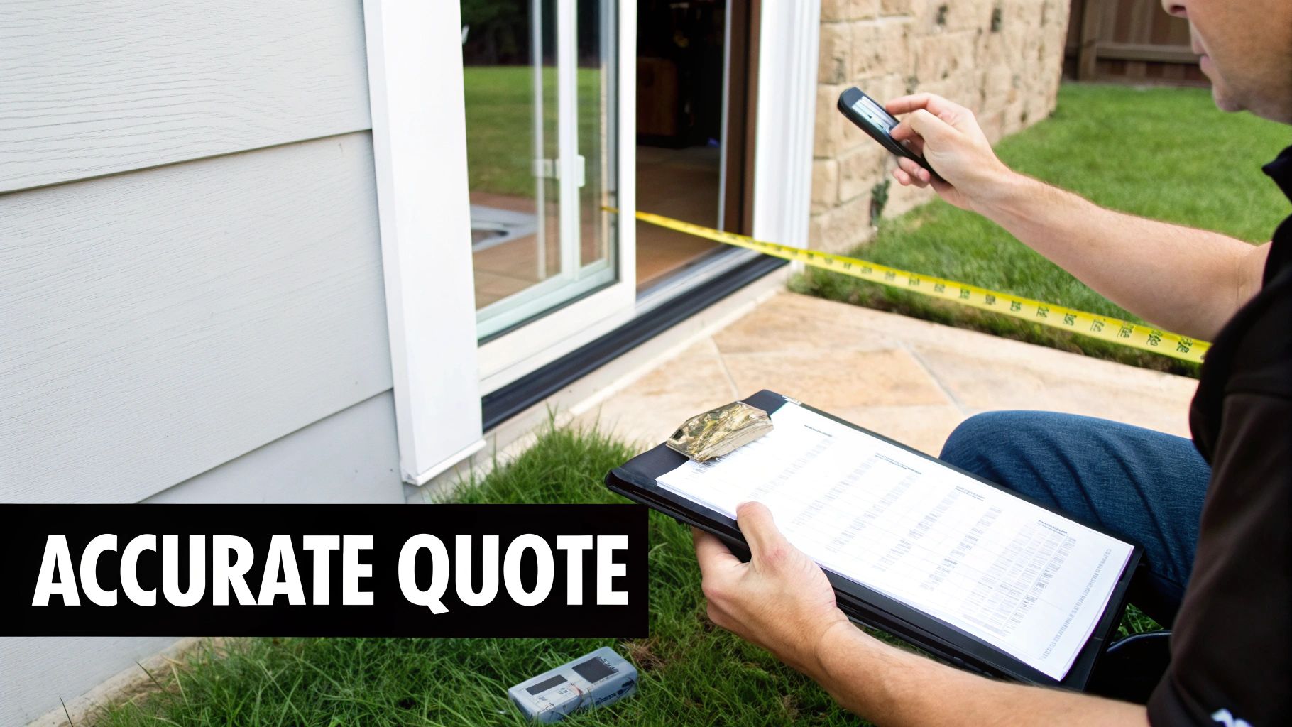 A person takes measurements of a sliding door with a tape measure, holding a clipboard and a phone, for an accurate quote.