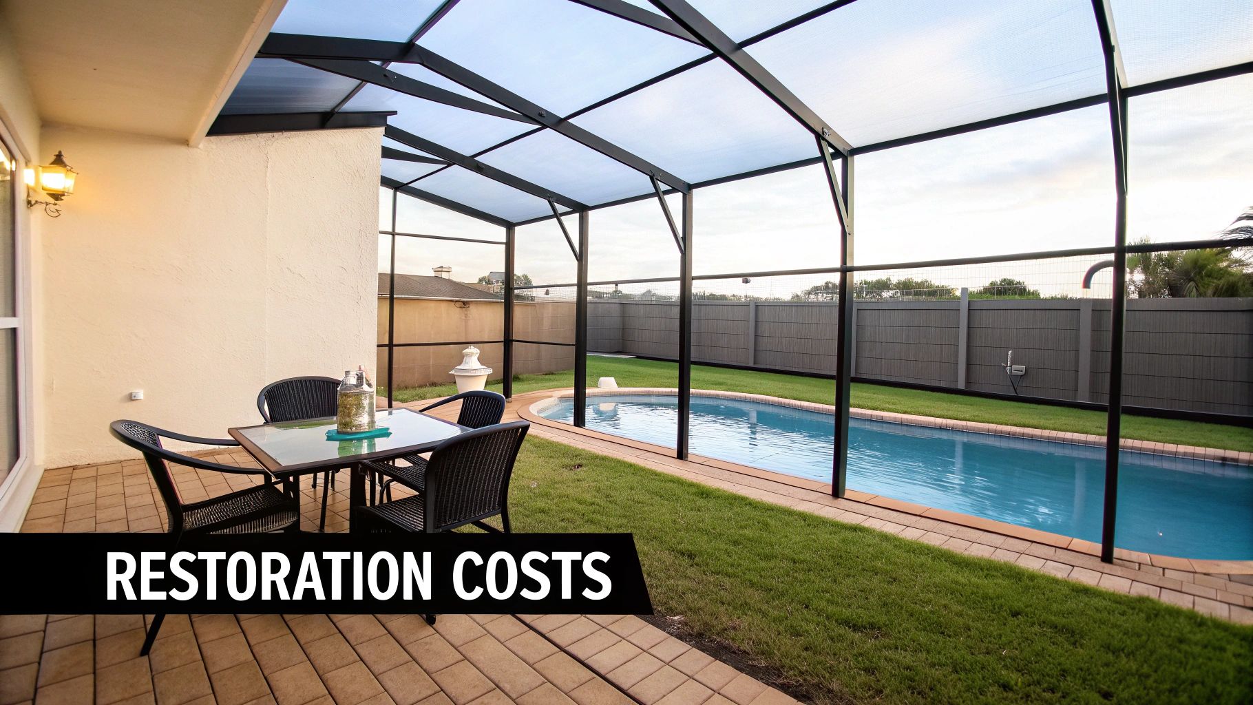A backyard with a screened-in pool and patio, featuring outdoor furniture and a green lawn.