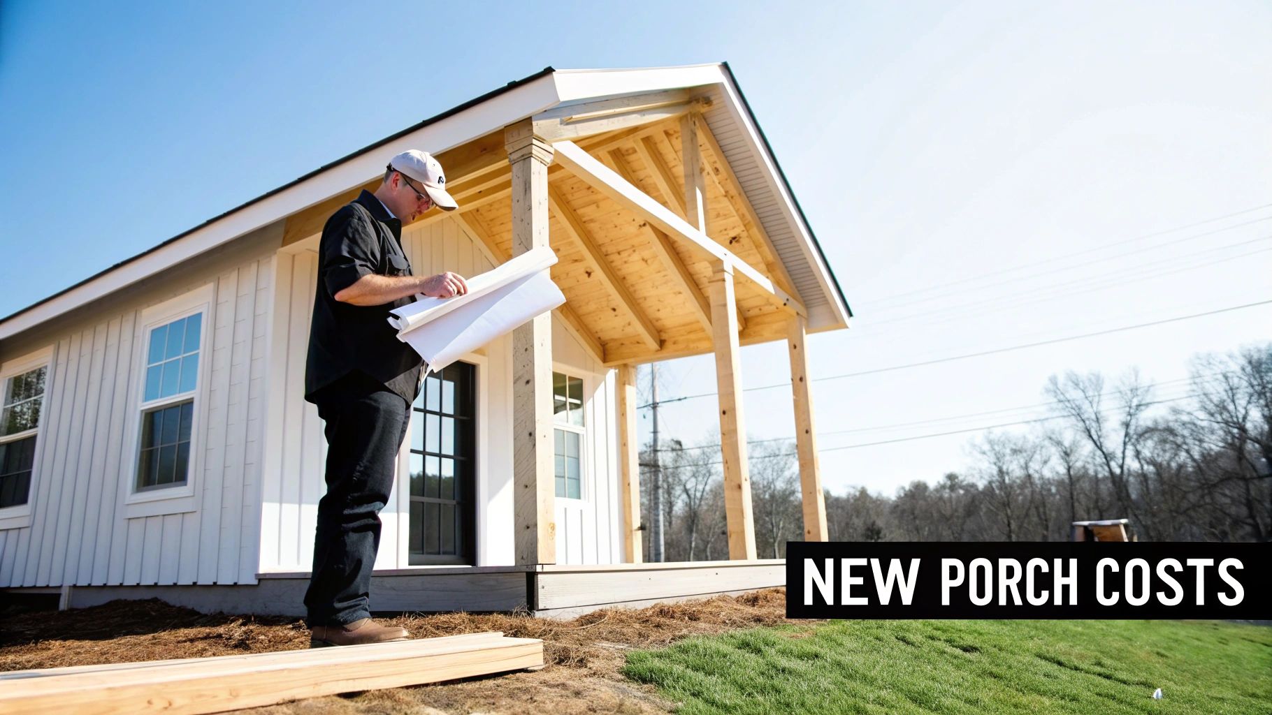 A man reviews blueprints for a new porch on a white house under construction.