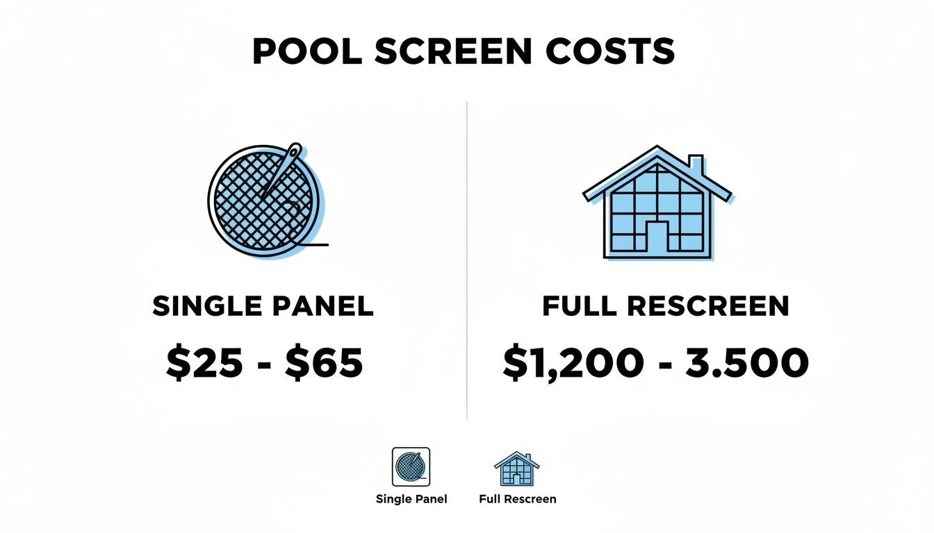 Infographic displaying pool screen costs, showing single panel replacement at $25-$65 and full rescreening at $1,200-$3,500.