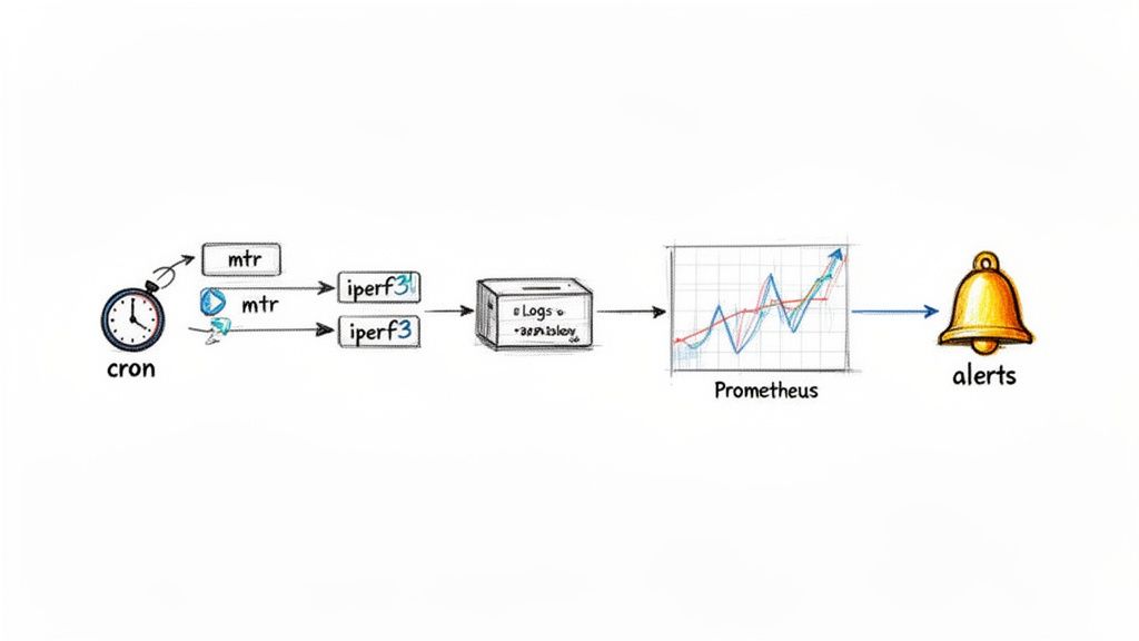 A diagram illustrates data collection using cron, mtr, and iperf3, feeding into logs, visualized by Prometheus, triggering alerts.